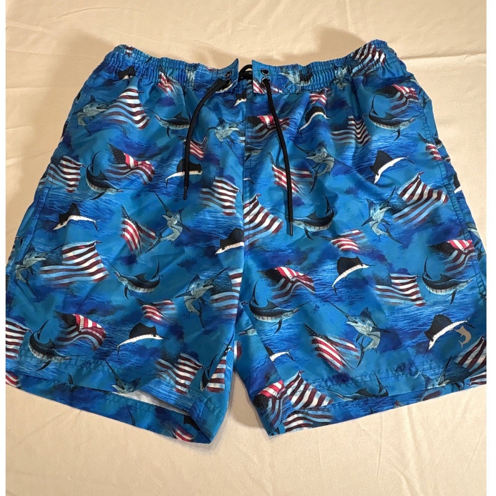 Reel Legends Mens Blue Marlin American Flag Swim Trunks Size Medium Mesh Lined